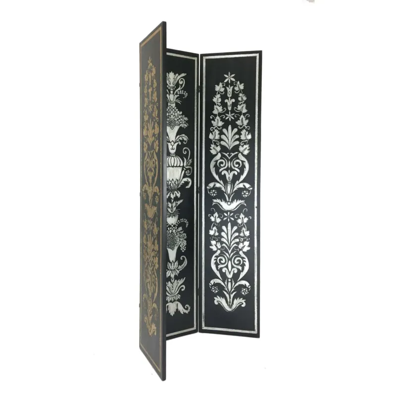 Wooden Double Sided 3 Panel Room Divider With Motifs, Multicolor By Benzara | Room Divider | Modishstore