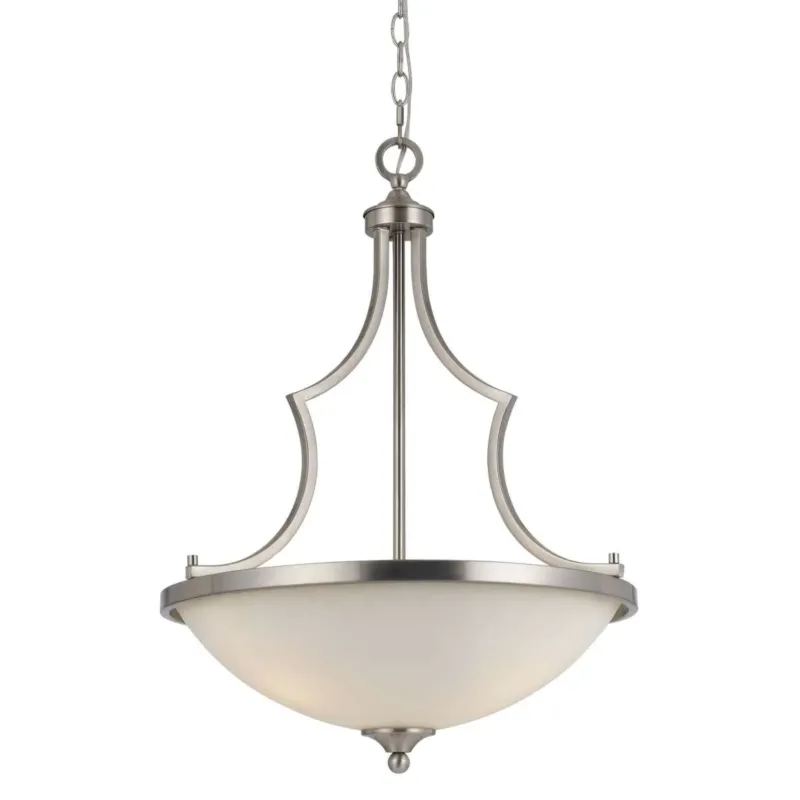 3 Bulb Bowl Style Glass Pendant Fixture With Metal Frame, Silver And White By Benzara | Pendant Lamps | Modishstore