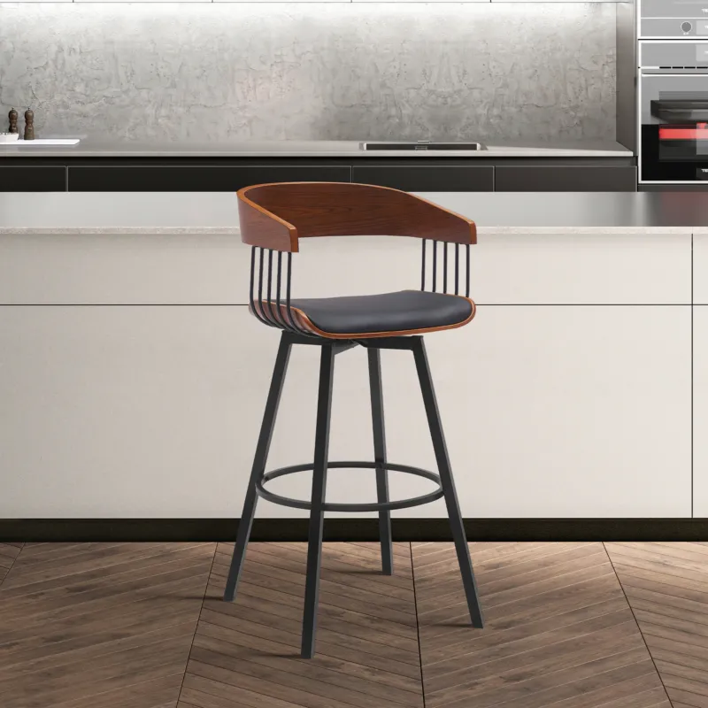Athena 31" Swivel Walnut Wood Bar Stool in Black Faux Leather with Black Metal By Armen Living | Bar Stools | Modishstore