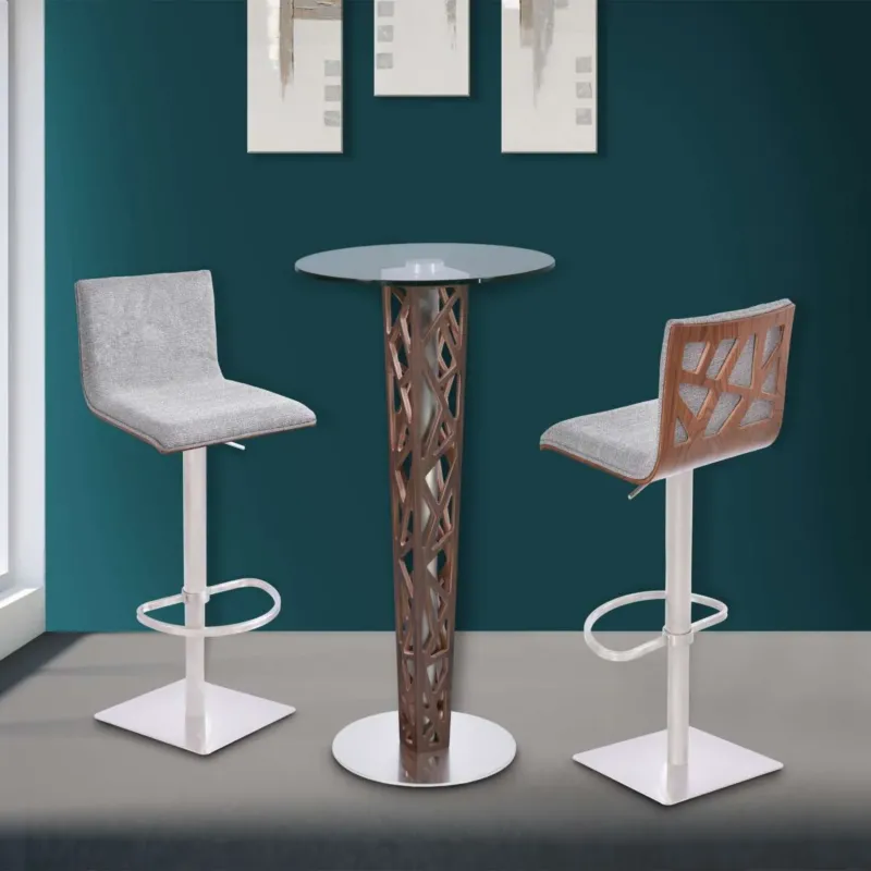 Crystal Bar Table with Walnut Veneer column and Brushed Stainless Steel finish with Clear Tempered Glass Top By Armen Living | Bar Tables | Modishstore