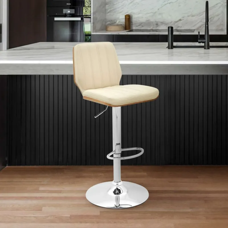 Sabine Adjustable Swivel Cream Faux Leather with Walnut Back and Chrome Bar Stool By Armen Living | Bar Stools | Modishstore