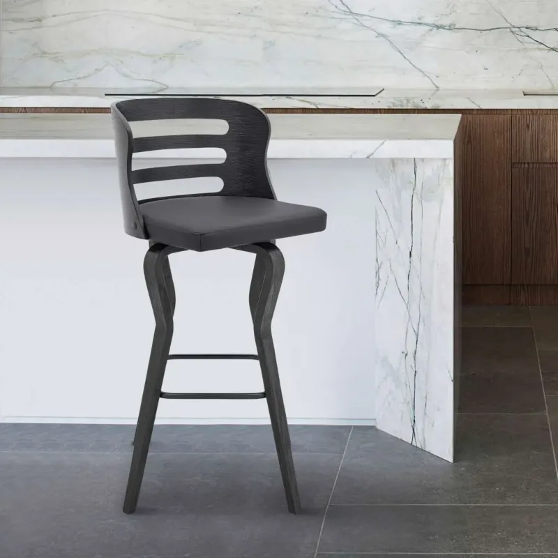 Verne 30" Swivel Gray Faux Leather and Black Wood Bar Stool By Armen Living | Bar Stools | Modishstore