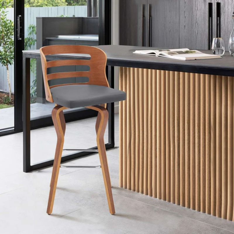 Verne 30" Swivel Gray Faux Leather and Walnut Wood Bar Stool By Armen Living | Bar Stools | Modishstore