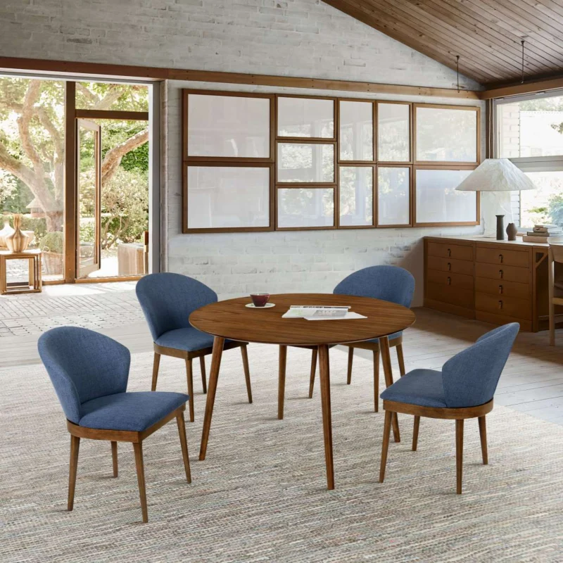 Arcadia and Juno 48" Round Blue and Walnut Wood 5 Piece Dining Set By Armen Living | Dining Sets | Modishstore