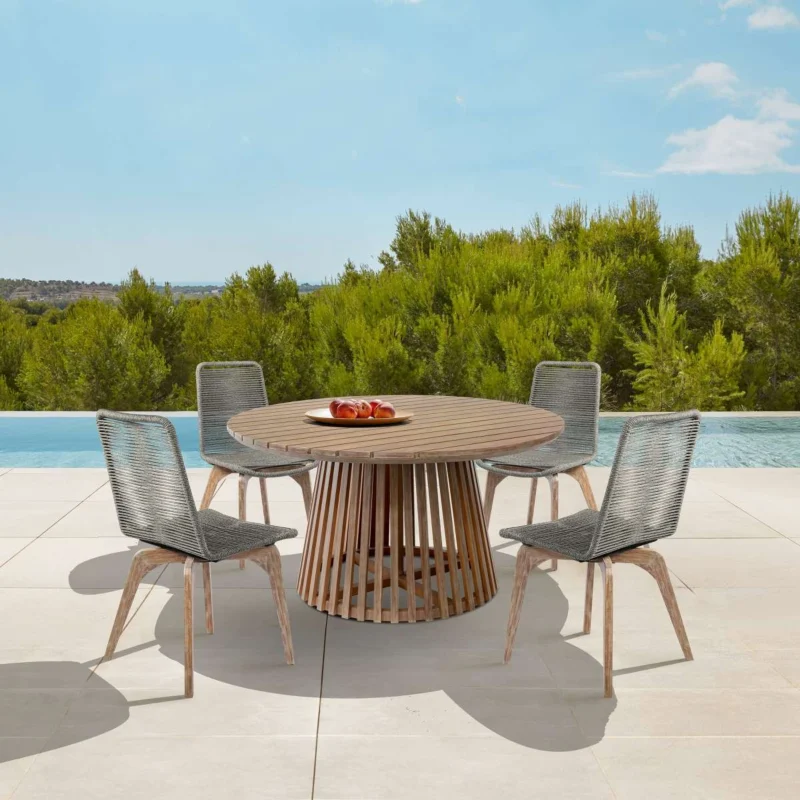 Escondido Island Outdoor Patio 5 Piece Round Dining Set in Eucalyptus Wood and Gray Rope By Armen Living | Outdoor Dining Sets | Modishstore